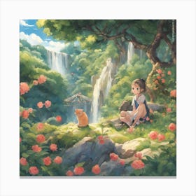 Cat And Little Girl In The Orchard Near The Waterf Canvas Print