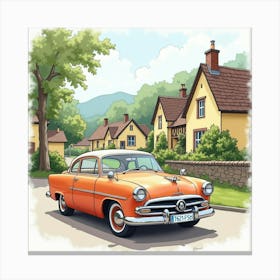 Retro Coupe Beside A Quaint Village, Watercolor Painting 1 Canvas Print