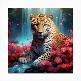 Leopard In A Waterfall Canvas Print