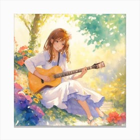 Beautiful Woman Playing Guitar In The Garde 1 (1) Canvas Print