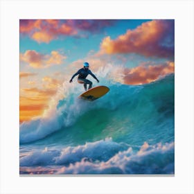 Surfer Riding A Wave At Sunset Canvas Print