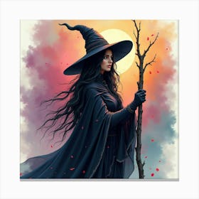 Black Magic Sorceress With A Colorful Watercolor Backdrop 1 Canvas Print