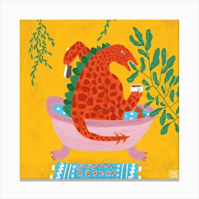 Orange Dinosaur Drinking Tea In A Bathtub Square Canvas Print