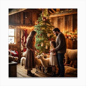 Woolly Sheep Family Gathered Around A Lavishly Decorated Christmas Tree In A Rustic Barn Holiday St Canvas Print