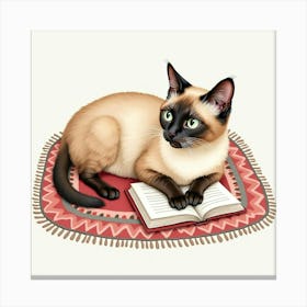 A Burmese Cat Lounging On A Cozy Rug With A Book, Watercolor 1 Canvas Print