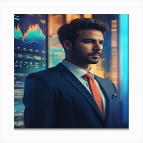 Businessman In Suit Standing In Front Of Financial Charts Canvas Print