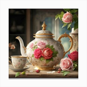 A very finely detailed Victorian style teapot with flowers, plants and roses in the center with a tea cup 3 Canvas Print