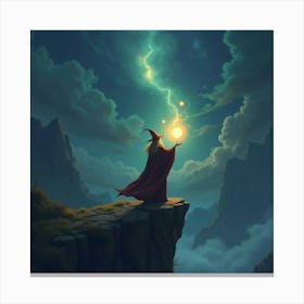 A Wizard Standing On A Cliff, Holding A Glowing Magical Orb 1 Canvas Print