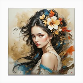 Chinese Girl With Flowers paintings art print Canvas Print