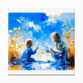 Child Playing In Water With Bubbles Canvas Print