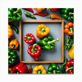 Colorful Peppers In A Wooden Frame 3 Canvas Print