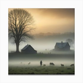 A Misty Morning Scene On A Farm With A Silhouetted Figure Tending To Sheep And Cows Grazing Near Barns And A Large Tree Canvas Print