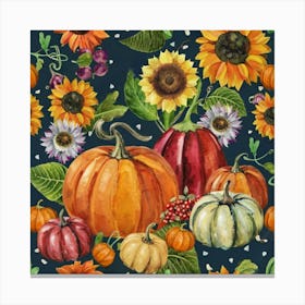 Autumn harvest of pumpkins, berries and sunflowers Colorful pumpkins and pumpkin harvest Canvas Print