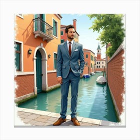 Sophisticated Man In Watercolor Suit, Charming Canal Scene 1 Canvas Print