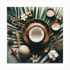 Coconut on a palm leaf Canvas Print