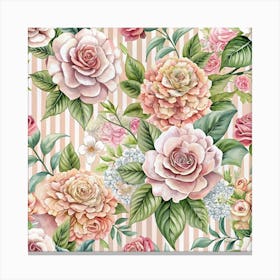 Watercolor Painting Of Pink Roses And Flowers On A Striped Background Canvas Print