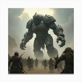 A Fierce, Armored Giant Battling A Horde Of Mythical Beasts 1 Canvas Print