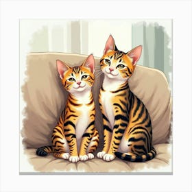 A Content Bengal Cat Sitting Beside Its Owner On A Cozy Couch, Watercolor 1 Canvas Print