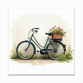 Classic Bike With An Old Stone Wall And Flowers Watercolor 1 Canvas Print