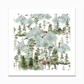 Christmas trees, reindeers, birds, happy new year and winter season. Canvas Print