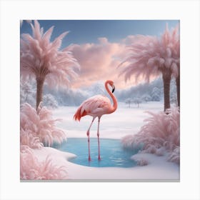 Digital Oil, Flamingo Wearing A Winter Coat, Whimsical And Imaginative, Soft Snowfall, Pastel Pinks, (4) Canvas Print