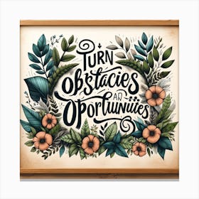 Artistic Presentation Of A Motivational Quote Turn Obstacles Into Opportunities In A Nature Inspired Theme With Lush Greenery And Floral Elements, Canvas Print