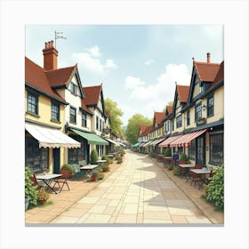 A Quaint English Market Town With Traditional Shops And Cafés, Watercolor Style 1 Canvas Print