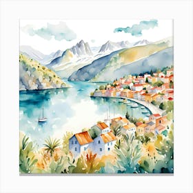 Watercolor Of A Scandinavian Village And Mediterranean Landscapes Canvas Print