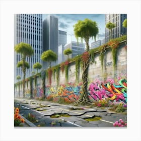 Urban Jungle: Concrete Blossoms and Verdant Graffiti Canvas Print