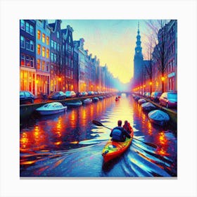 Into The Water A Kayaking Adventure Through Amsterdam S Canals At Dawn Style Neon Urban Impressionism (1) Canvas Print