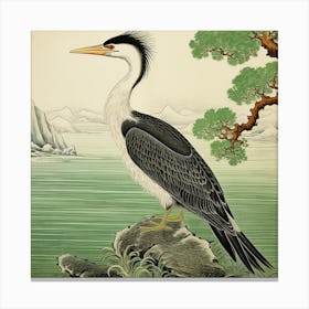 Ohara Koson Inspired Bird Painting Cormorant 1 Square Canvas Print