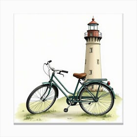 Classic Bicycle With An Old Lighthouse In Watercolor 1 Canvas Print