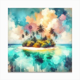 Atoll Serenity, A watercolor painting capturing the vibrant blues and greens of the atoll, with gentle waves lapping against its shores. This artwork would be well-suited for a living room or a spacious hallway where it can be a focal point, bringing in an element of nature and tranquility into your home. 4 Canvas Print