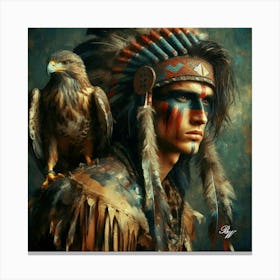 Oil Texture Young Native American Indian With Hawk 2 Canvas Print