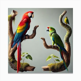 Two Parrots Perched On Branches Canvas Print