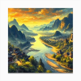 River Mountains Town Village Canvas Print
