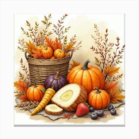 Watercolor Image Of An English Autumn Harvest Festival With Seasonal Foods And Crafts 1 Canvas Print