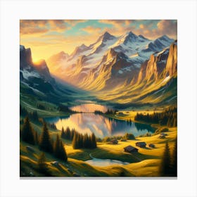 Sunset In The Mountains With Lush Green Meadows And Lake Canvas Print