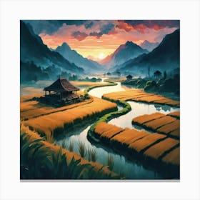 Beautiful views of rice fields, close to the river and surrounded by mountains, 9 Canvas Print