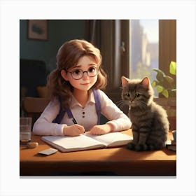 Girl With A Cat Canvas Print