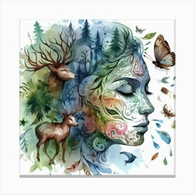 Woman With Deer And Butterflies Canvas Print