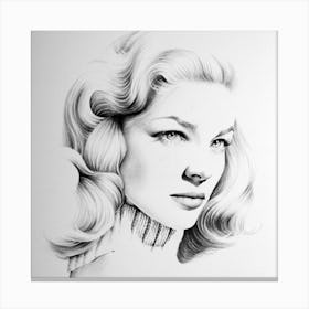 Lauren Bacall Pencil Drawing Portrait Minimal Black and White Old Hollywood Vintage 1940s Film Noir Canvas Print