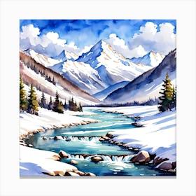 A Serene Watercolor Of A Snowy Mountain Range And A Flowing River 154038090 Canvas Print