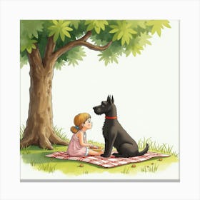 A Scottish Terrier And A Young Woman Enjoying A Picnic Under A Tree, Watercolor Canvas Print