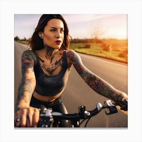 Tattooed Woman Riding A Bike Canvas Print
