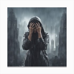 Freedom Monumen Crying With Her Hands Covering Her Face, Raining Outside, City Background, Hyper Rea Canvas Print