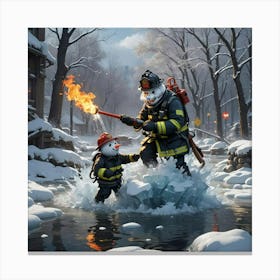 Firefighter And Snowman Canvas Print