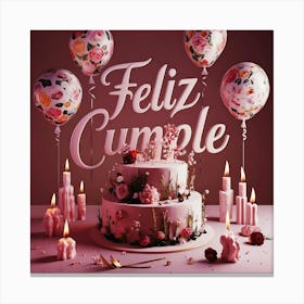 Feliz cumple and Feliz cumpleaños sign means Happy Birthday in Spanish language, Birthday party celebration gift with birthday cake candle colorful balloons best congratulation over light background wall artFeliz Cumple 58 Canvas Print