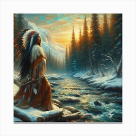 Oil Texture Native American Woman By Stream 8 Canvas Print