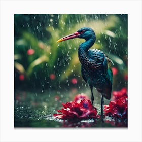 Red Beaked Blue Bird with Hibiscus Flowers Canvas Print